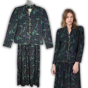 VINTAGE Karin Stevens 2pc Jacket Dress 6 Regency Paisley Print Teal Purple 80s